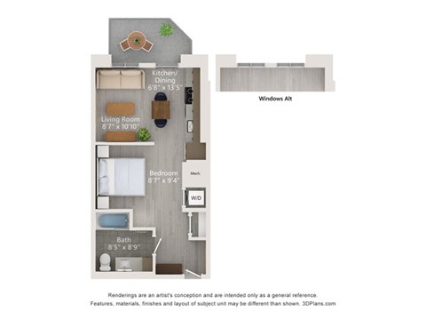 A 3D floor plan of a small apartment with a kitchen, living room, bedroom, and bathroom.